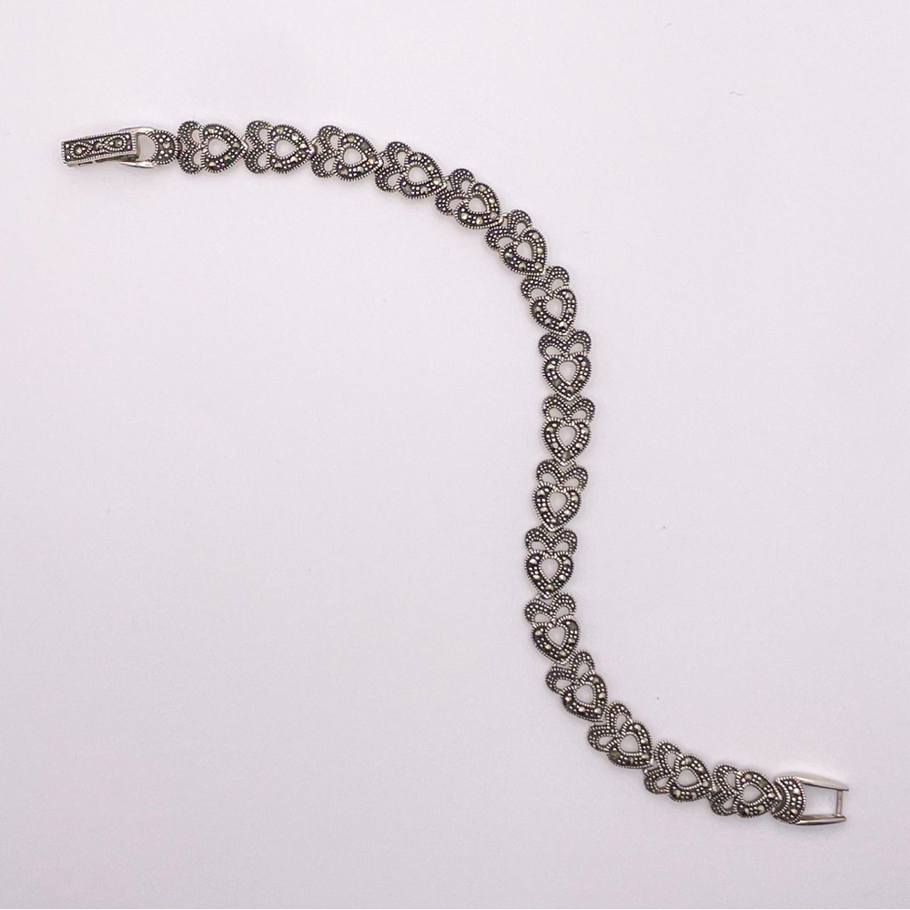 Vintage Sterling Silver Marked Marcasite Heart Link 8 Inch Tennis Bracelet